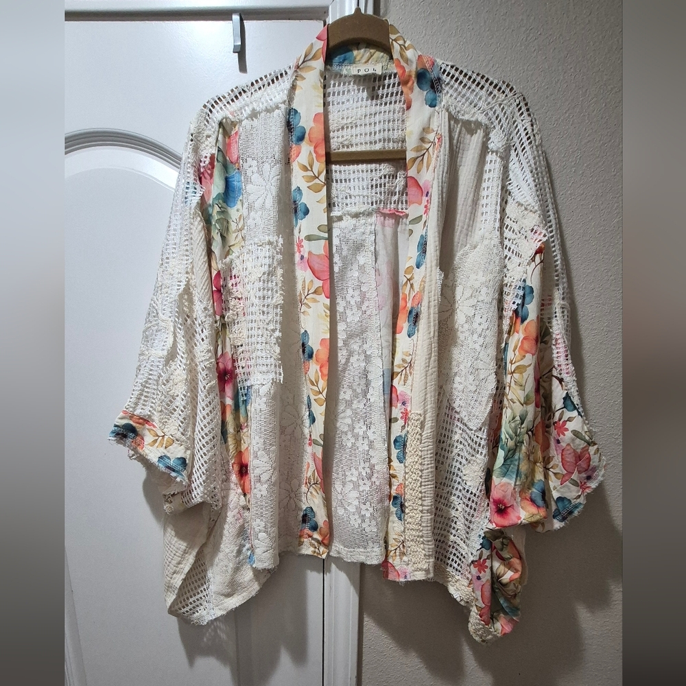 POL Patchwork Lace Floral Kimono Cardigan, Boho Cottagecore Oversized Small NWOT